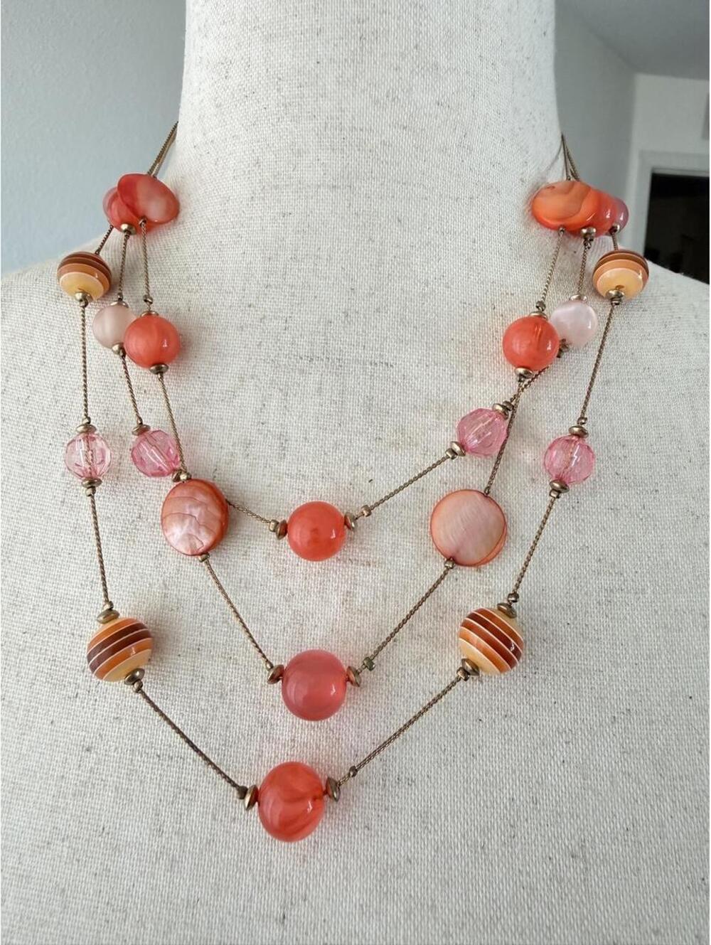 Pink Coral Orange Multistrand Beaded Necklace